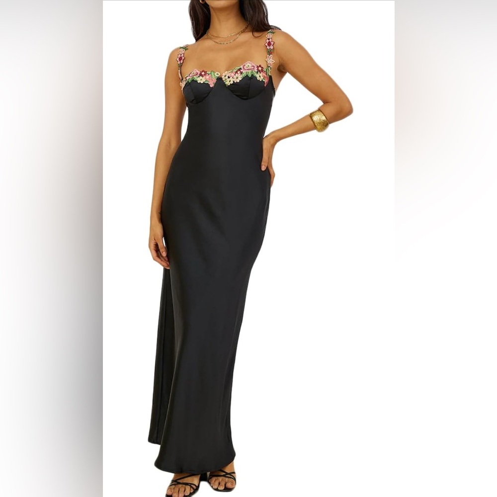 Satin Floral Embroidered Maxi Dress
